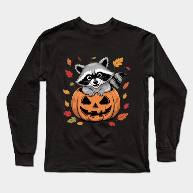 Adorable Raccoon in Jack-o'-Lantern with Leaves Long Sleeve T-Shirt by BirdsnStuff