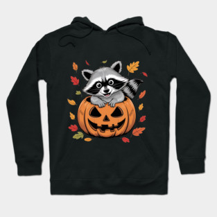 Adorable Raccoon in Jack-o'-Lantern with Leaves Hoodie