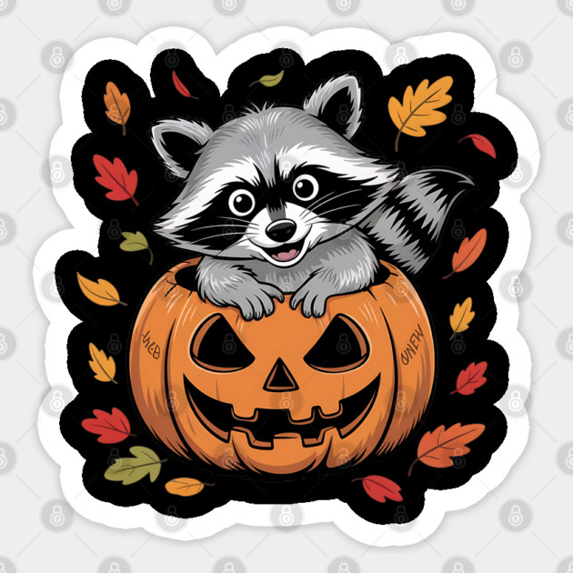 Adorable Raccoon in Jack-o'-Lantern with Leaves Sticker by BirdsnStuff