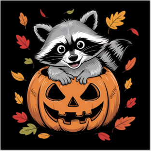 Adorable Raccoon in Jack-o'-Lantern with Leaves Posters and Art