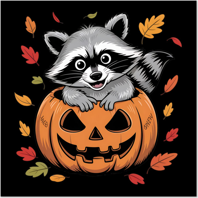 Adorable Raccoon in Jack-o'-Lantern with Leaves Wall Art by BirdsnStuff