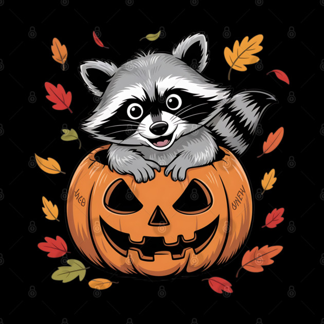 Adorable Raccoon in Jack-o'-Lantern with Leaves by BirdsnStuff