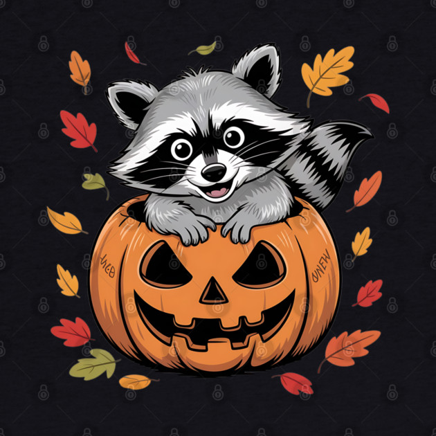 Adorable Raccoon in Jack-o'-Lantern with Leaves by BirdsnStuff