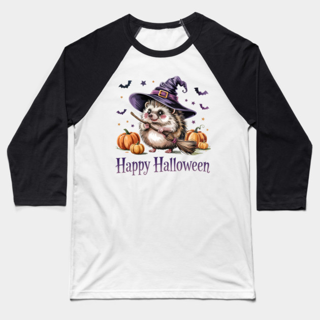Adorable Witch Hedgehog with Broom and Pumpkins Baseball T-Shirt by BirdsnStuff