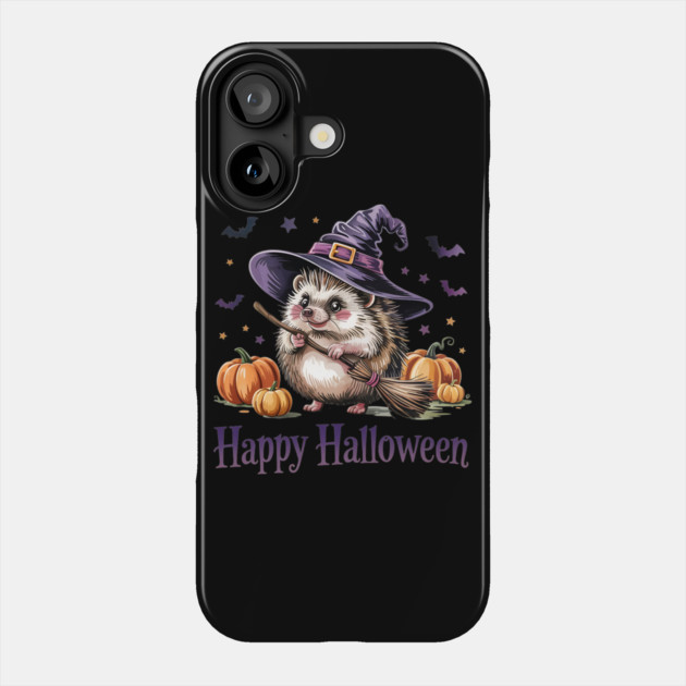 Adorable Witch Hedgehog with Broom and Pumpkins Phone Case by BirdsnStuff