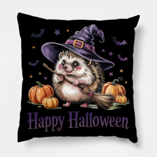 Adorable Witch Hedgehog with Broom and Pumpkins Pillow