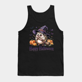 Adorable Witch Hedgehog with Broom and Pumpkins Tank Top
