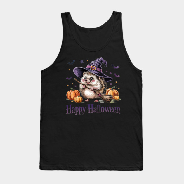 Adorable Witch Hedgehog with Broom and Pumpkins Tank Top by BirdsnStuff