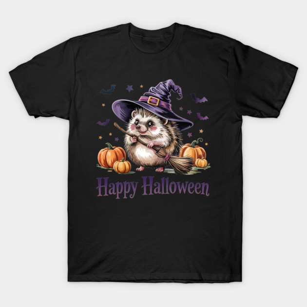 Adorable Witch Hedgehog with Broom and Pumpkins T-Shirt by BirdsnStuff
