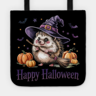 Adorable Witch Hedgehog with Broom and Pumpkins Tote