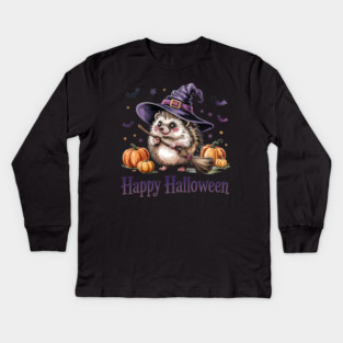 Adorable Witch Hedgehog with Broom and Pumpkins Kids Long Sleeve T-Shirt
