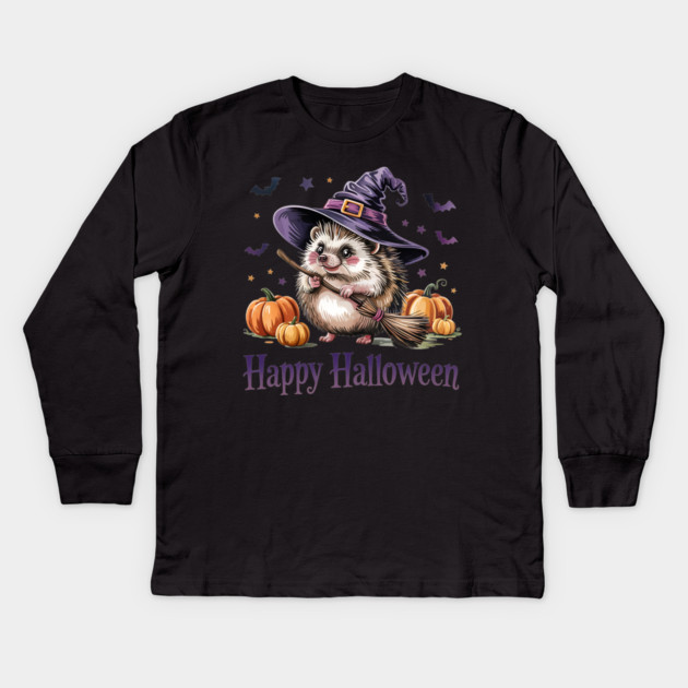 Adorable Witch Hedgehog with Broom and Pumpkins Kids Long Sleeve T-Shirt by BirdsnStuff