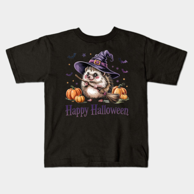 Adorable Witch Hedgehog with Broom and Pumpkins Kids T-Shirt by BirdsnStuff