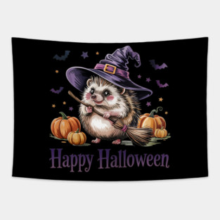 Adorable Witch Hedgehog with Broom and Pumpkins Tapestry