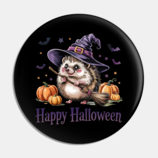 Adorable Witch Hedgehog with Broom and Pumpkins Pin