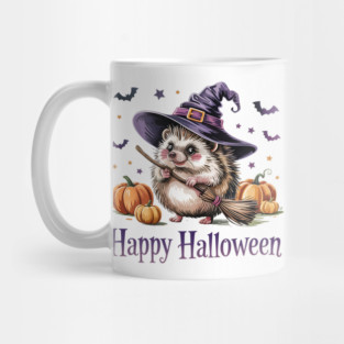 Adorable Witch Hedgehog with Broom and Pumpkins Mug