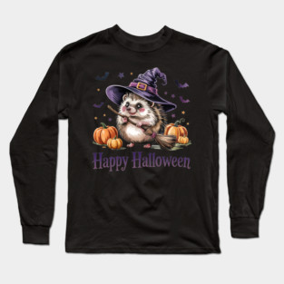 Adorable Witch Hedgehog with Broom and Pumpkins Long Sleeve T-Shirt