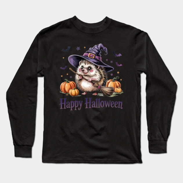 Adorable Witch Hedgehog with Broom and Pumpkins Long Sleeve T-Shirt by BirdsnStuff