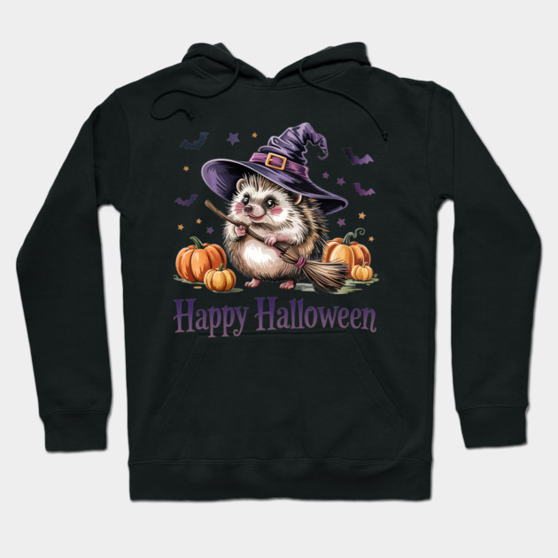 Adorable Witch Hedgehog with Broom and Pumpkins Hoodie by BirdsnStuff