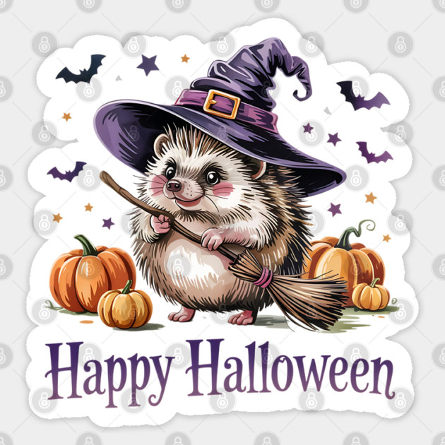 Adorable Witch Hedgehog with Broom and Pumpkins Sticker by BirdsnStuff