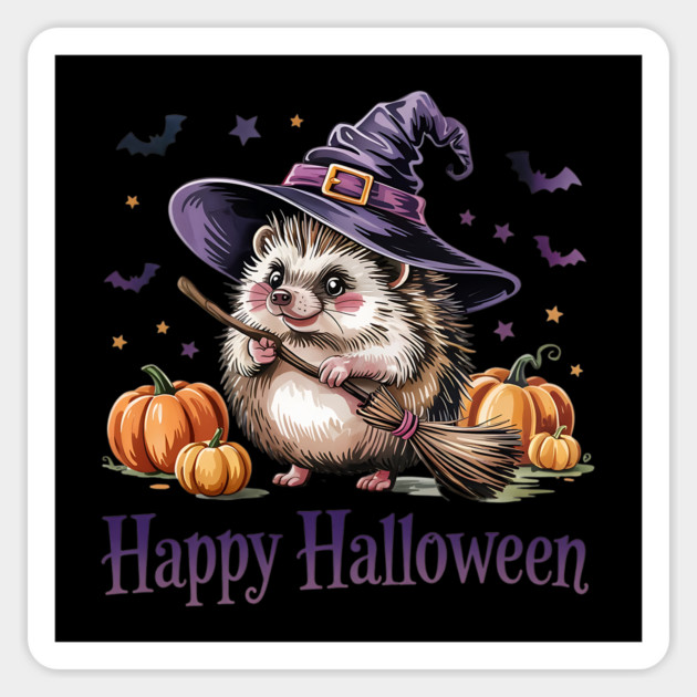 Adorable Witch Hedgehog with Broom and Pumpkins Magnet by BirdsnStuff