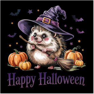 Adorable Witch Hedgehog with Broom and Pumpkins Posters and Art