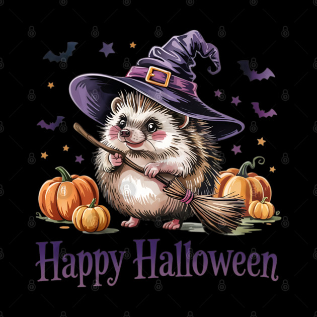 Adorable Witch Hedgehog with Broom and Pumpkins by BirdsnStuff