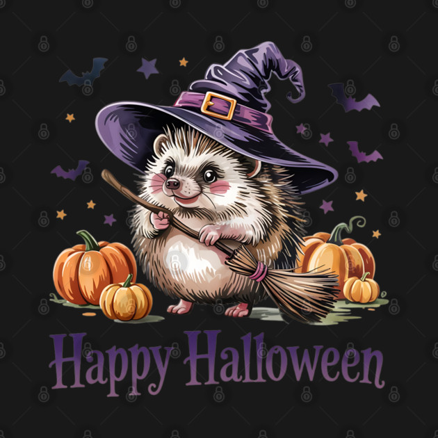 Adorable Witch Hedgehog with Broom and Pumpkins by BirdsnStuff