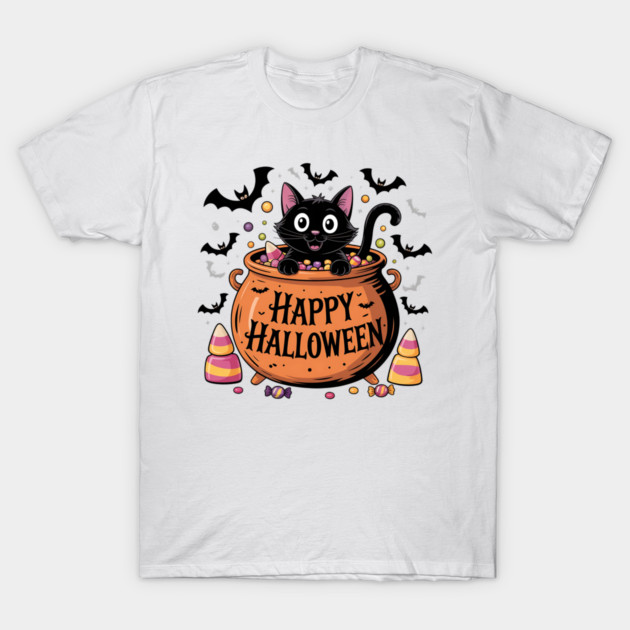 Happy Halloween Black Cat in Candy Cauldron T-Shirt by BirdsnStuff