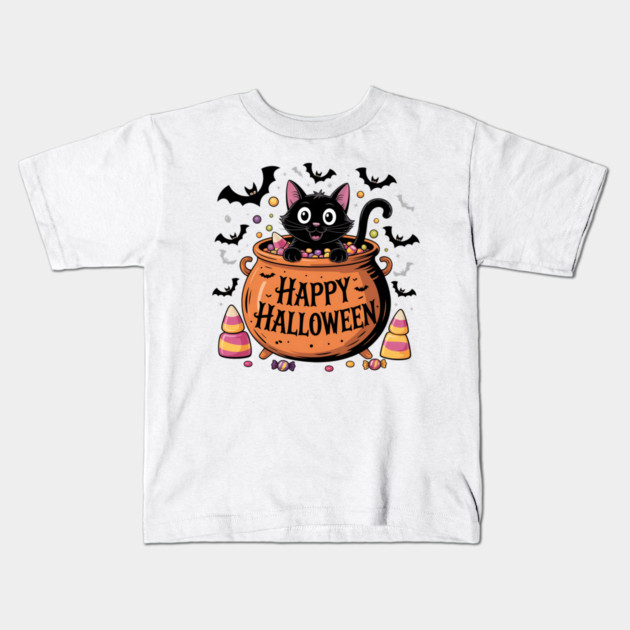Happy Halloween Black Cat in Candy Cauldron Kids T-Shirt by BirdsnStuff