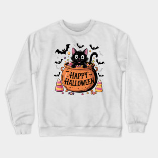 Happy Halloween Black Cat in Candy Cauldron Crewneck Sweatshirt