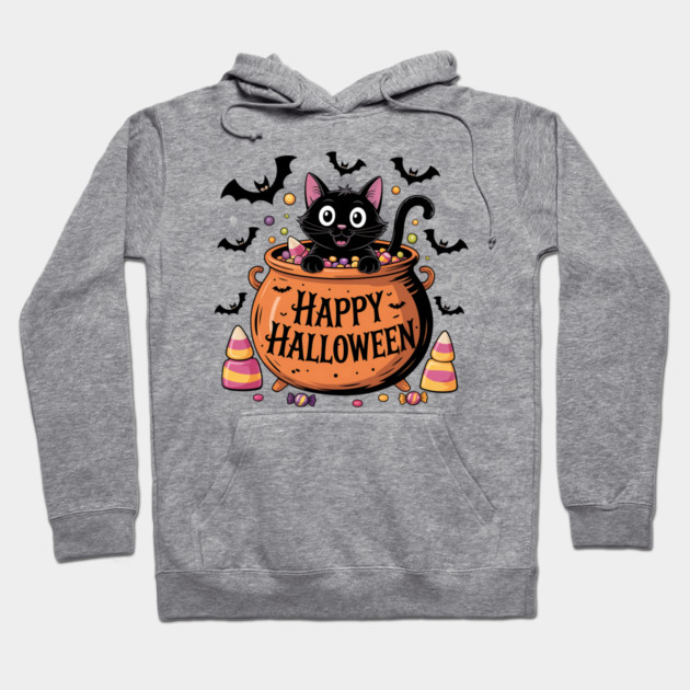 Happy Halloween Black Cat in Candy Cauldron Hoodie by BirdsnStuff