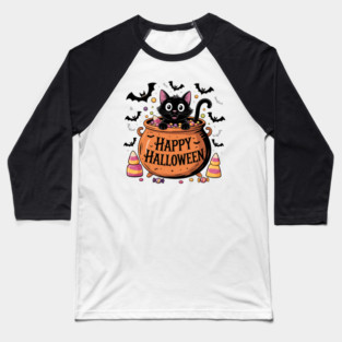 Happy Halloween Black Cat in Candy Cauldron Baseball T-Shirt