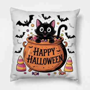 Happy Halloween Black Cat in Candy Cauldron Pillow