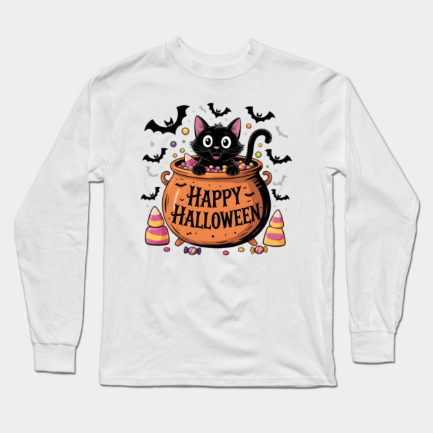 Happy Halloween Black Cat in Candy Cauldron Long Sleeve T-Shirt by BirdsnStuff