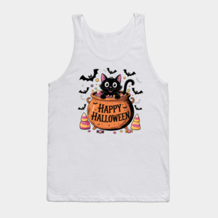 Happy Halloween Black Cat in Candy Cauldron Tank Top