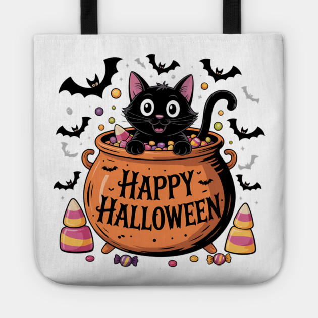 Happy Halloween Black Cat in Candy Cauldron Tote by BirdsnStuff
