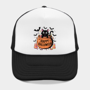 Happy Halloween Black Cat in Candy Cauldron Hat
