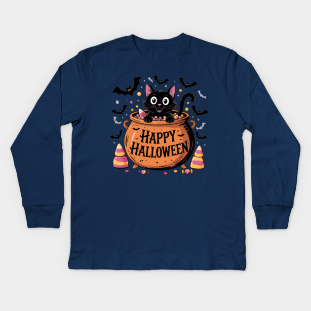 Happy Halloween Black Cat in Candy Cauldron Kids Long Sleeve T-Shirt by BirdsnStuff