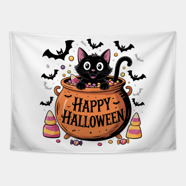 Happy Halloween Black Cat in Candy Cauldron Tapestry by BirdsnStuff