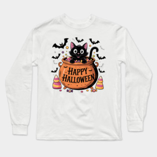 Happy Halloween Black Cat in Candy Cauldron Long Sleeve T-Shirt
