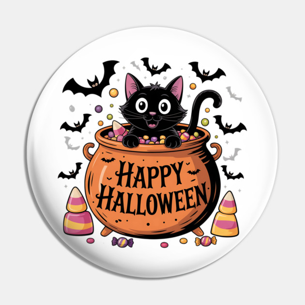Happy Halloween Black Cat in Candy Cauldron Pin by BirdsnStuff