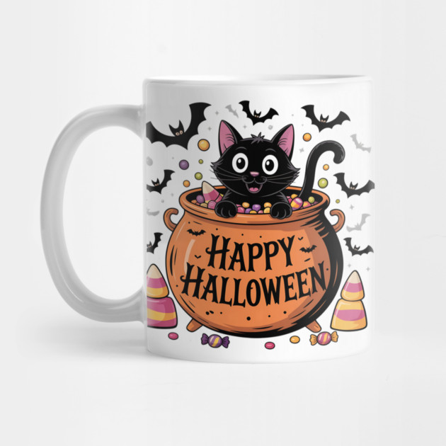 Happy Halloween Black Cat in Candy Cauldron by BirdsnStuff