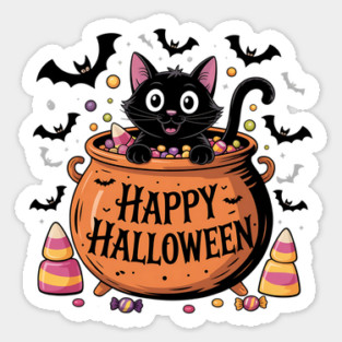 Happy Halloween Black Cat in Candy Cauldron Sticker