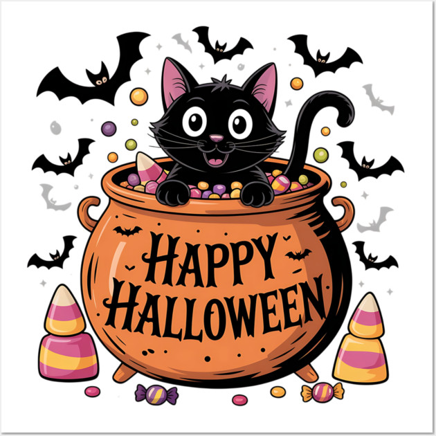 Happy Halloween Black Cat in Candy Cauldron Wall Art by BirdsnStuff