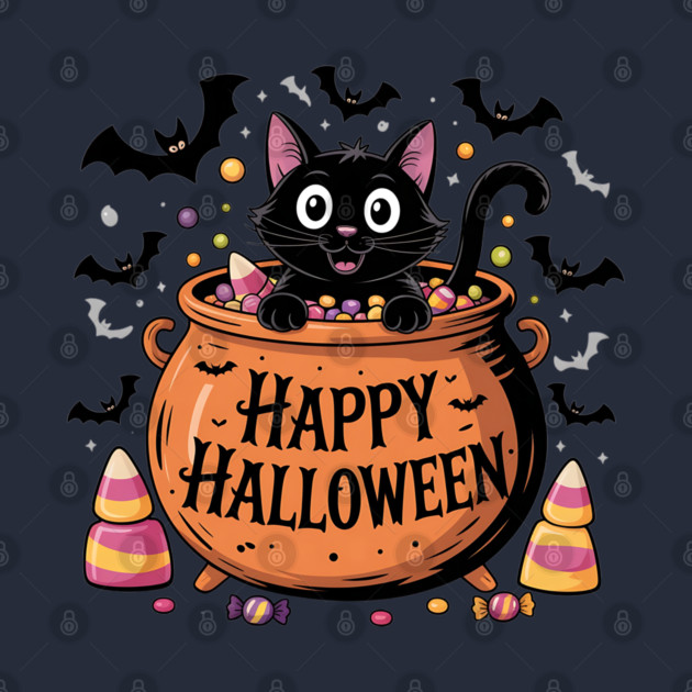 Happy Halloween Black Cat in Candy Cauldron by BirdsnStuff