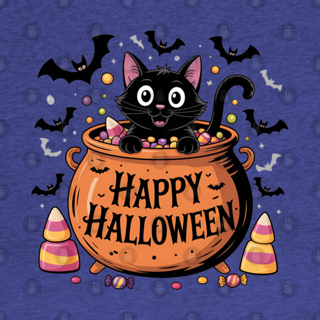 Happy Halloween Black Cat in Candy Cauldron by BirdsnStuff