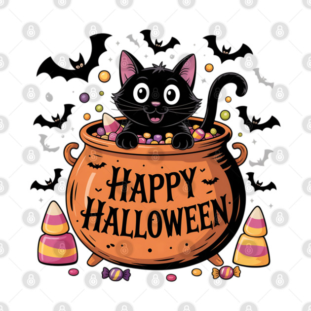 Happy Halloween Black Cat in Candy Cauldron by BirdsnStuff