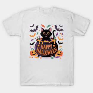 Bright Halloween Black Cat with Candy Cauldron T-Shirt