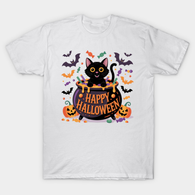 Bright Halloween Black Cat with Candy Cauldron T-Shirt by BirdsnStuff